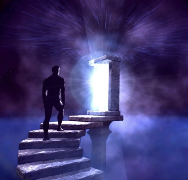 Stylized image of a man's silhouette climbing a set of stairs towards the light
