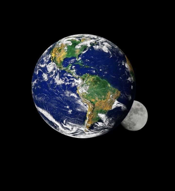 Photograph of the earth from outer space with the moon slightly behind it