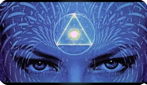 Digital Print of a female face with an illuminated pyramid in the center of her forehead 