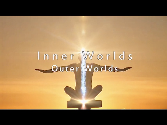 silhouette of a man sitting in meditative pose with text reading "Inner Worlds Outer Worlds" superimposed onto the image