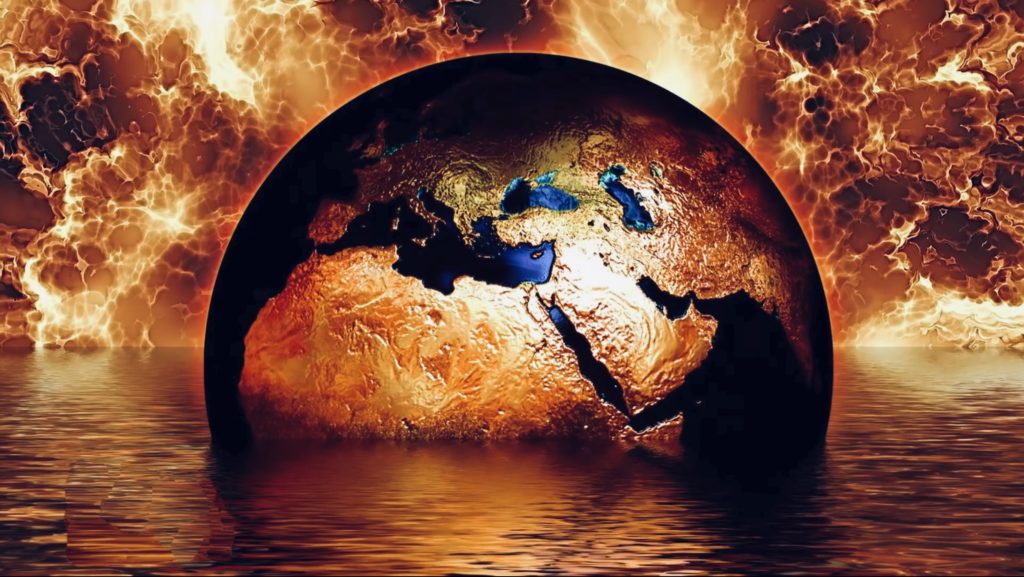 Image of the earth sinking into water and burning from the closeness of the sun