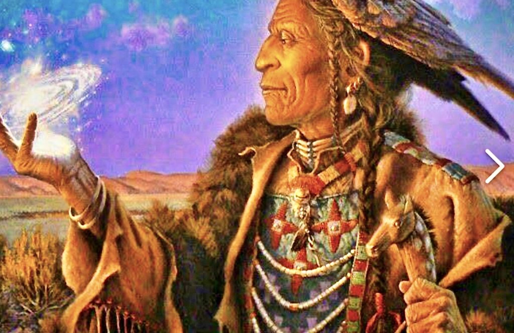 Illustration of a Native American tribal leader with a small universe in his hand