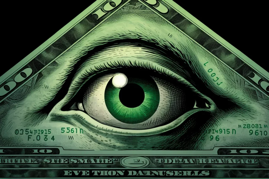 Stylized Illustration of a $100 dollar bill with a giant eye and the bill is a pyramid