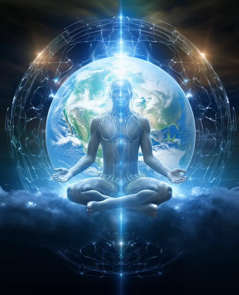 Stylistic Illustration of a man meditating in front of the earth with energy surrounding his body in a magewave style