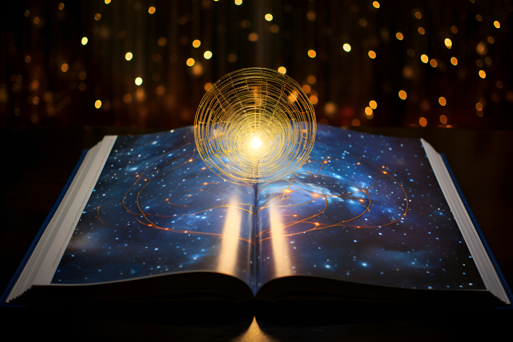 Digital art image of an open book containing the universe inside of it set against a backdrop of a starry bokeh sky with a universal light rising from the center of the book