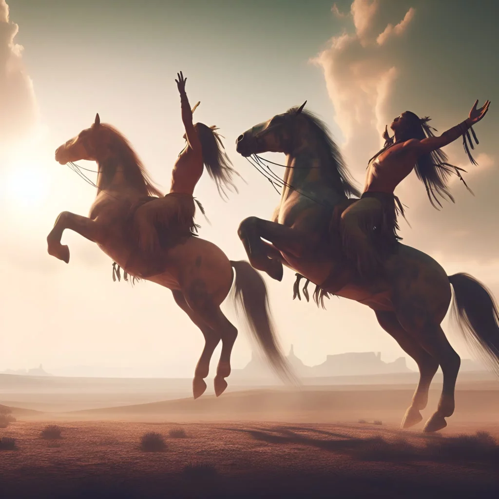 Digital image of 2 Native American Warriors with their arms raised to the sky on horseback
