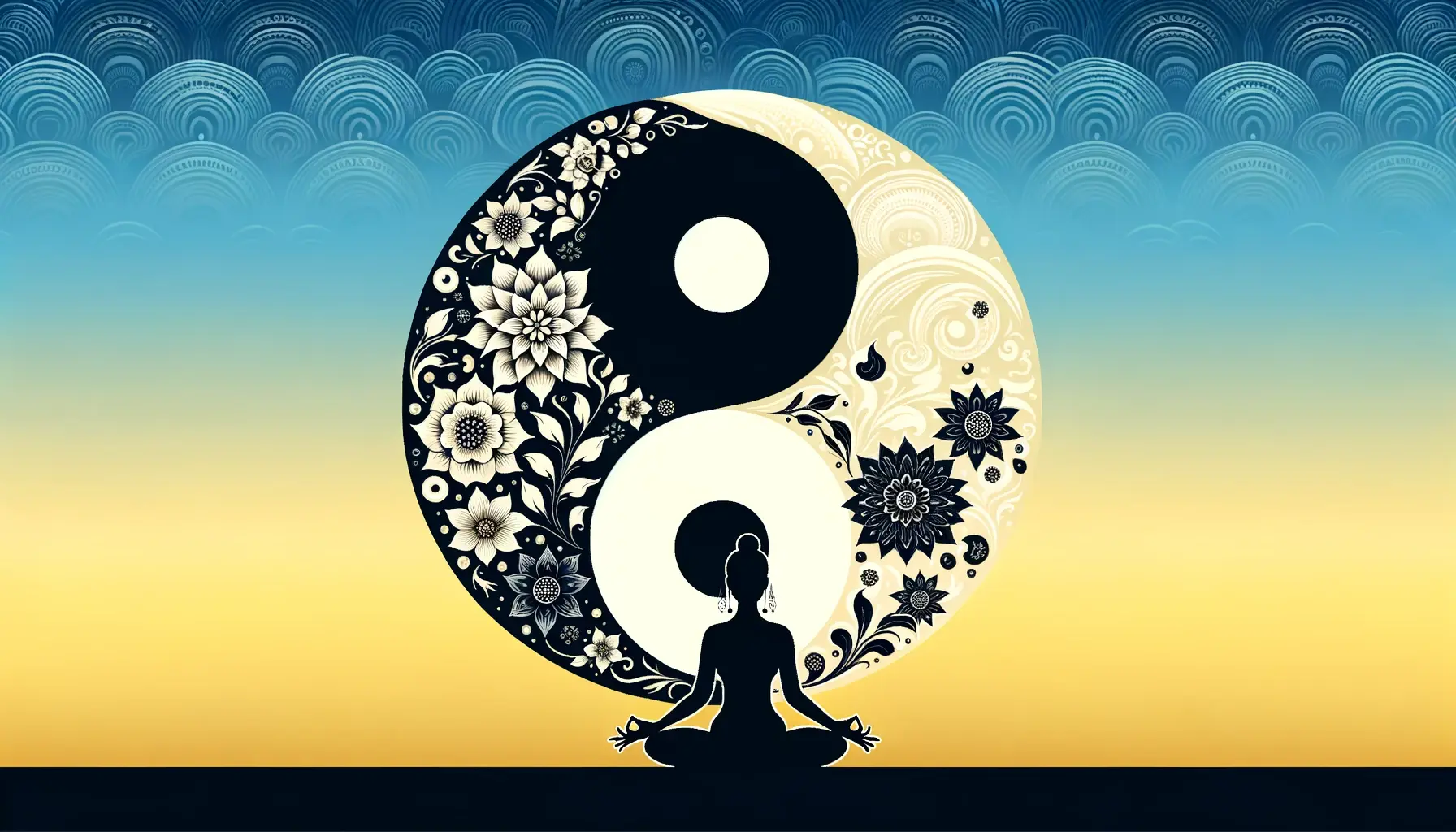 Silhouette of a female figure in the lotus position against a gradient backdrop with the Yin Yang Symbol made of flowers in the sky above her