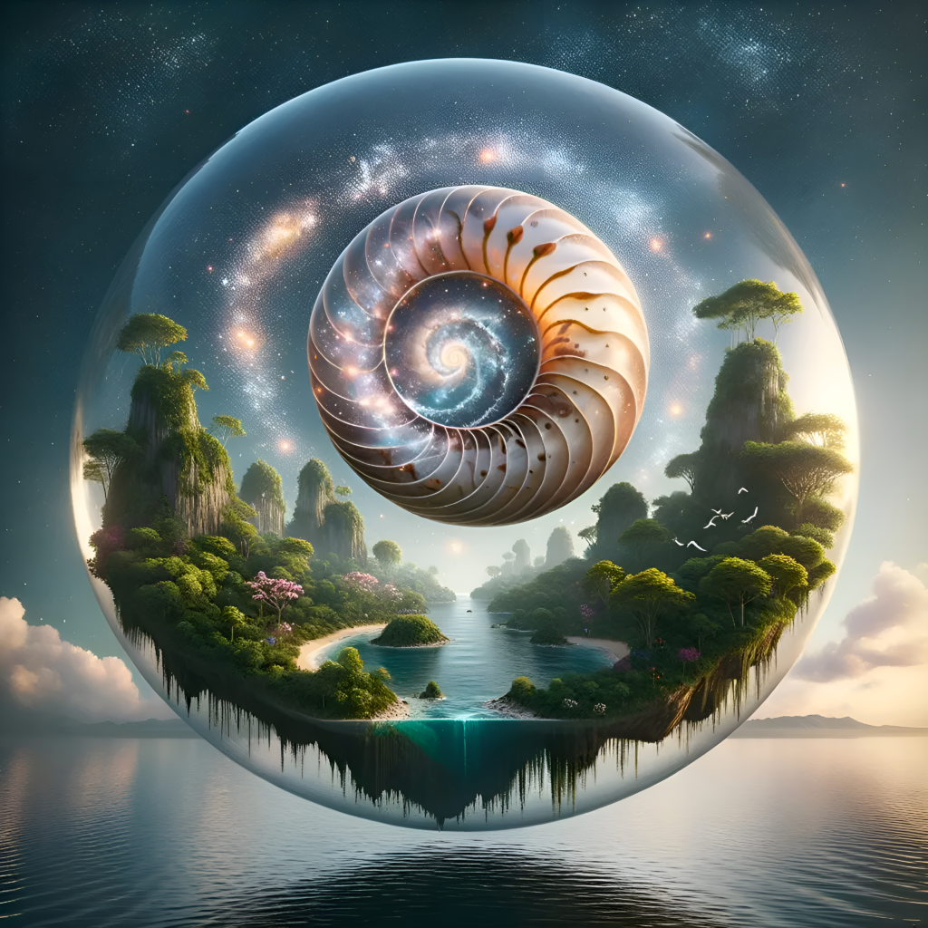 Stylized digital art image of a translucent sphere hovering above a body of water against a clear blue sky. Inside the sphere is a nautilus shell with a universe inside of it and the shell is surrounded by a mini world inside the sphere