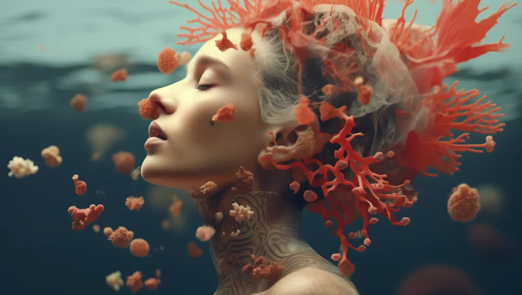 Digital Surrealistic Image of a woman underwater surrounded by coral. Dreamlike imagery