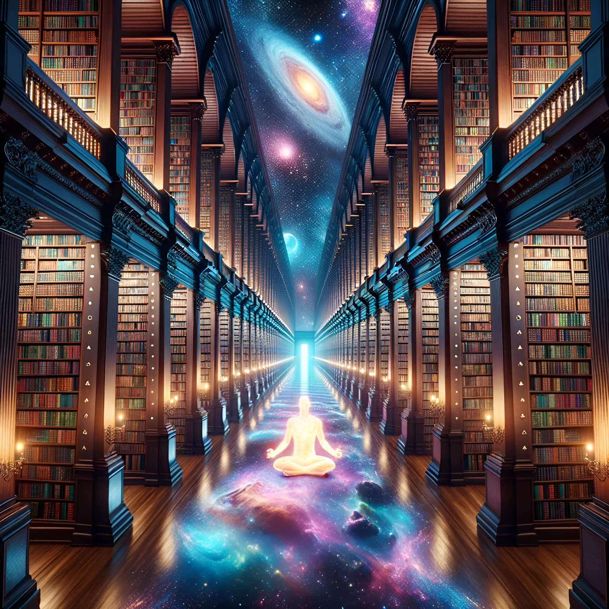Artistic image of a human silhouette sitting in a grand library representing the Akashic Records
