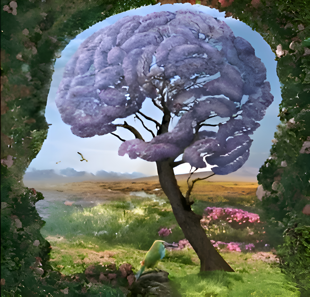 Oil painting of a silhouette of the human head with a tree inside representing knowledge set against a backdrop of serene nature. In the style of surrealistic imagery