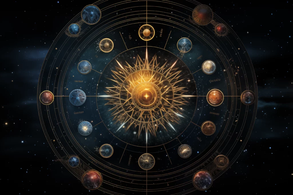 An image in the style of ancient text that shows a stylized sun in the center of a universe of planets that are all interconnected to each other to represent the connectedness of all things in nature and the universe