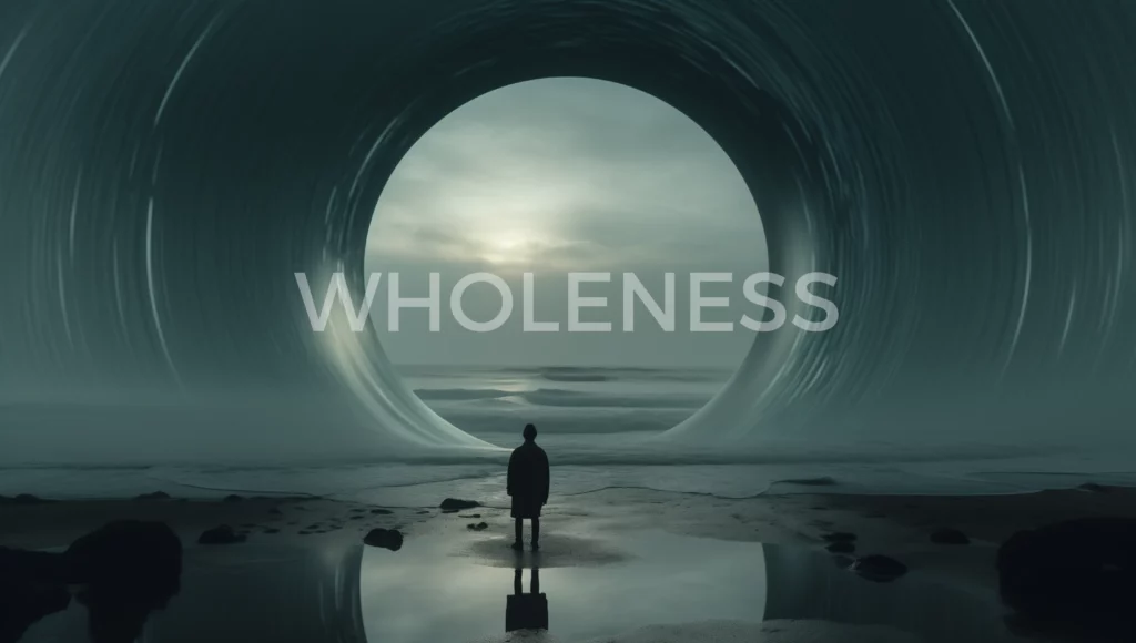 A surrealistic image of a man standing on a beach in front of the ocean with a large swirling vortex of water in the sky in front of him creating a portal towards a calmer sea with the text "WHOLENESS" written across the image