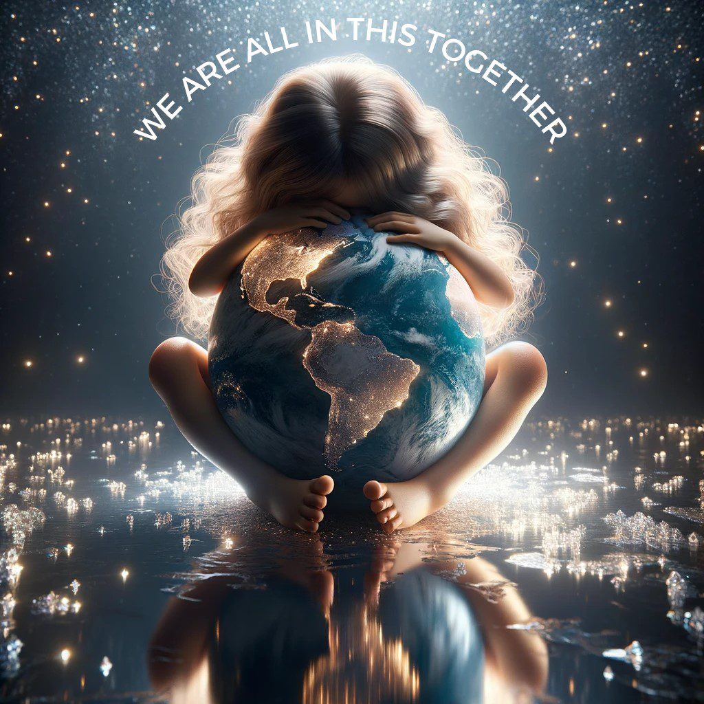 Image of a child hugging the globe with the text "We are All In This Together" scrolled across the top