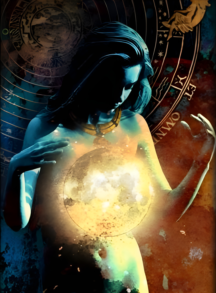 digital painting of a woman with a universe at her center and constellation signs surrounding here. Surrealistic artwork