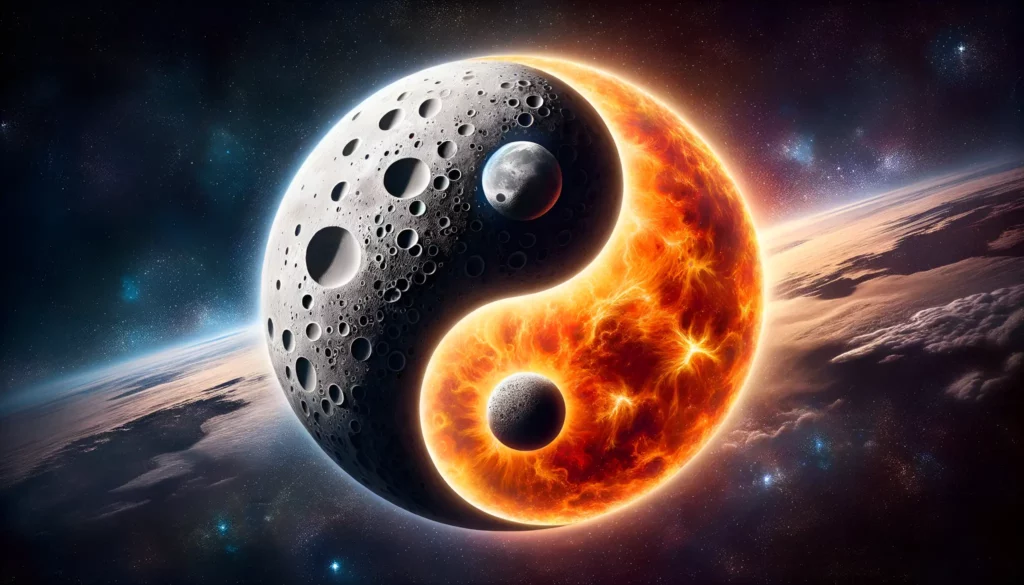 Digital Art Painting of the Yin and Yang symbol hovering above a planet in outer space. One half of the symbol is made of the moon and the other is a fiery sun