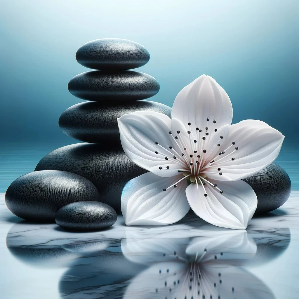 Tranquil decorative image of smooth flat rocks set upon a water covered surface with a flower in the foreground. Represents tranquility and serenity