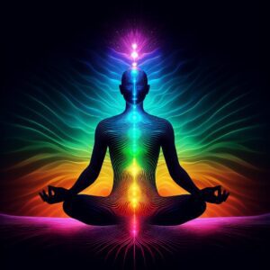 An image representing the energetic body through a silhouette of a person in a lotus pose meditating with multicolor energy fields extending internally to externally