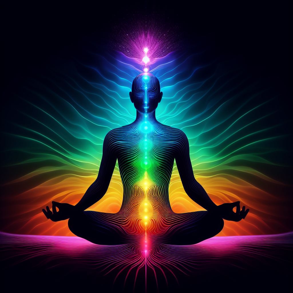 An image representing the energetic body through a silhouette of a person in a lotus pose meditating with multicolor energy fields extending internally to externally